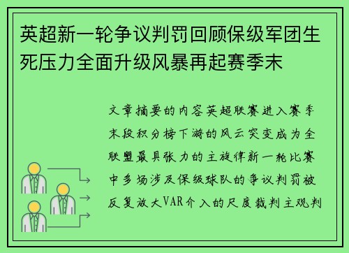英超新一轮争议判罚回顾保级军团生死压力全面升级风暴再起赛季末