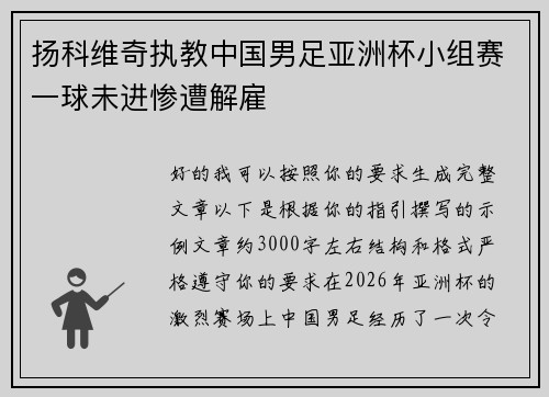 扬科维奇执教中国男足亚洲杯小组赛一球未进惨遭解雇